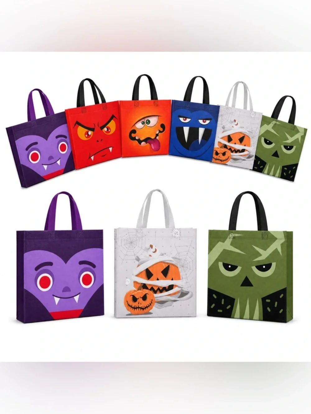 Halloween Kids Trick-or-Treat Tote Bag Set - Assorted Monster Faces 6 pack